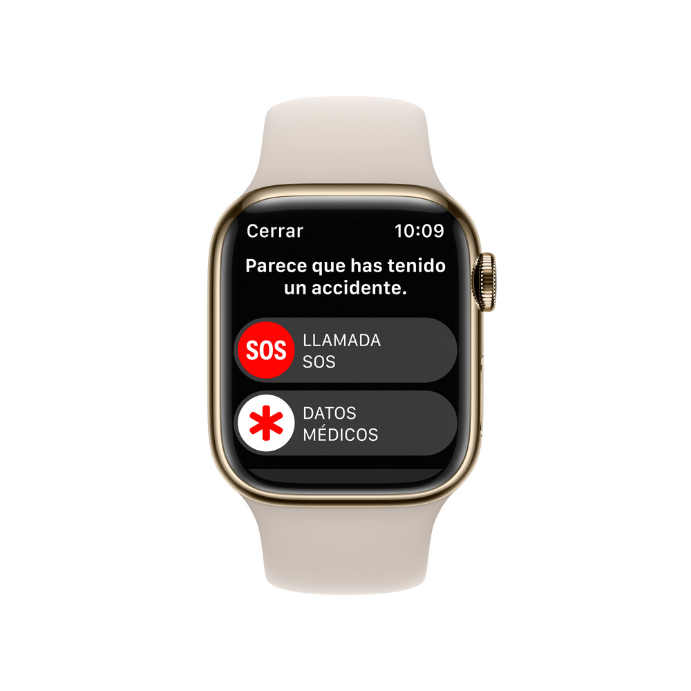 Apple Watch con alerta SOS. Muestra opciones para SOS y datos médicos.