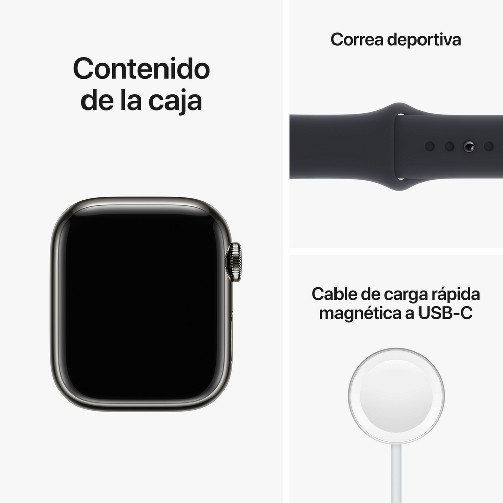 Un Apple Watch, una correa deportiva y un cable de carga magnético se muestran con el texto 'Contenido de la caja'.