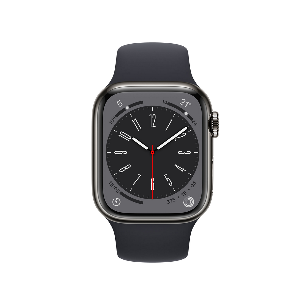 Un Apple Watch gris oscuro con una correa negra. La esfera muestra la hora.