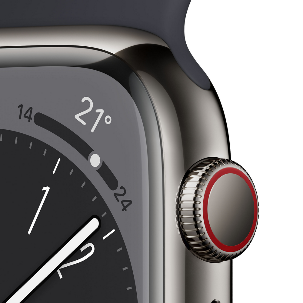 Primer plano de un Apple Watch, mostrando la hora y la corona digital con un anillo rojo.