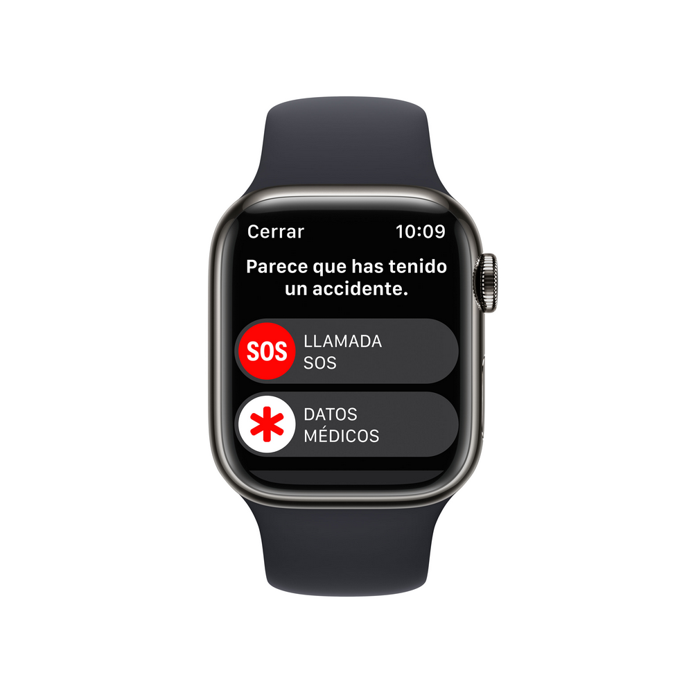 Pantalla Apple Watch muestra alerta de accidente con opciones de SOS y datos médicos.