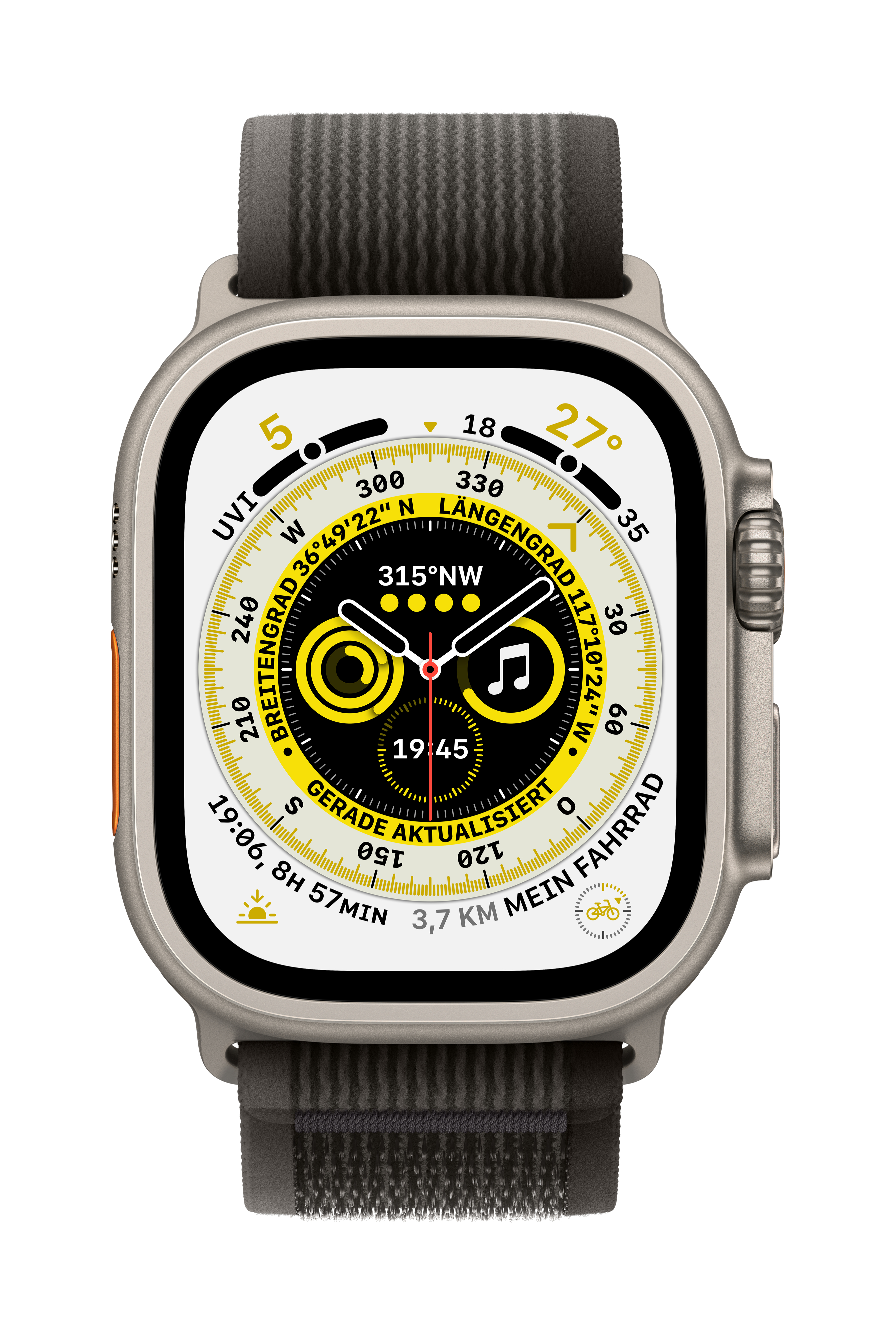 APPLE Watch Ultra Schwarz/Grau 180 TIT Nylon/Gewebe 130 GPS+CEL Nylon/Gewebe, W TRAIL S/M Smartwatch 49 - mm