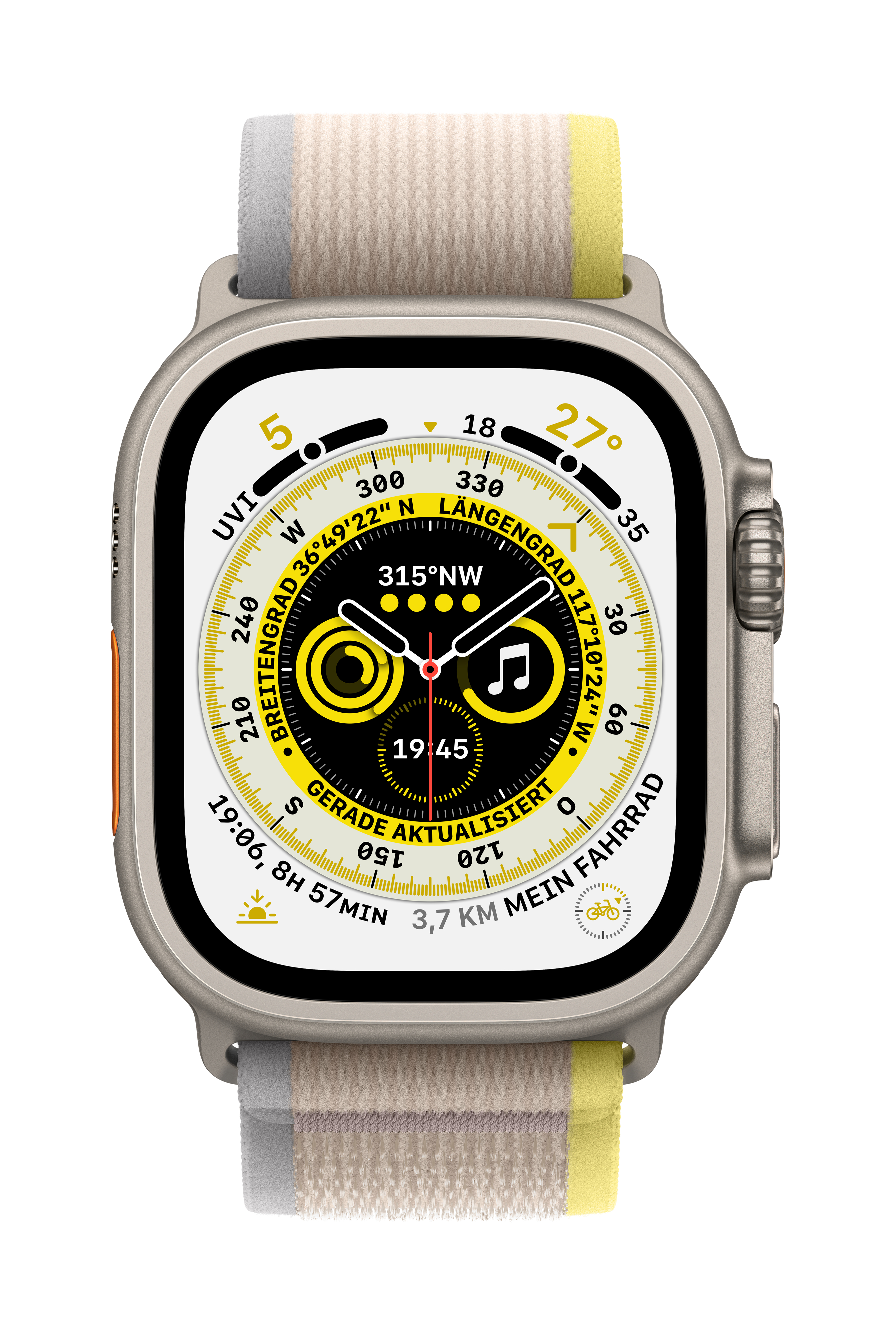 APPLE Watch Ultra GPS+CEL 49 Smartwatch Gelb/Beige M/L 145 W Nylon/Gewebe 220 TIT mm, Nylon/Gewebe, TRAIL 