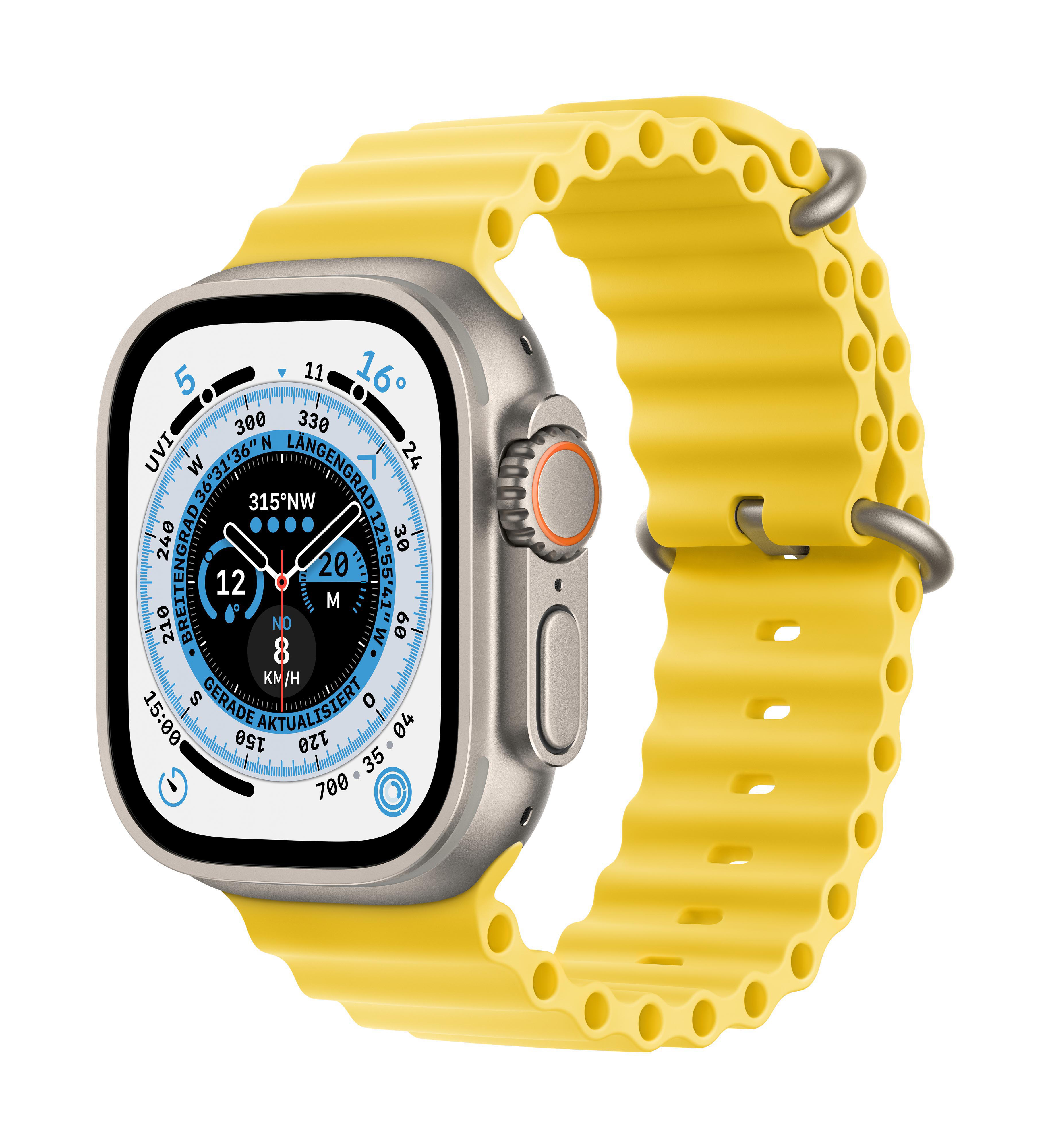 Silberne Smartwatch mit gelbem Band. Digitalanzeige zeigt Daten. Oranger Drehknopf.