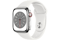 APPLE Watch Series 8 (GPS + Cellular) 41 mm Smartwatch Edelstahl Fluorelastomer, 130 - 200 mm, Armband: Weiß, Gehäuse: Silber