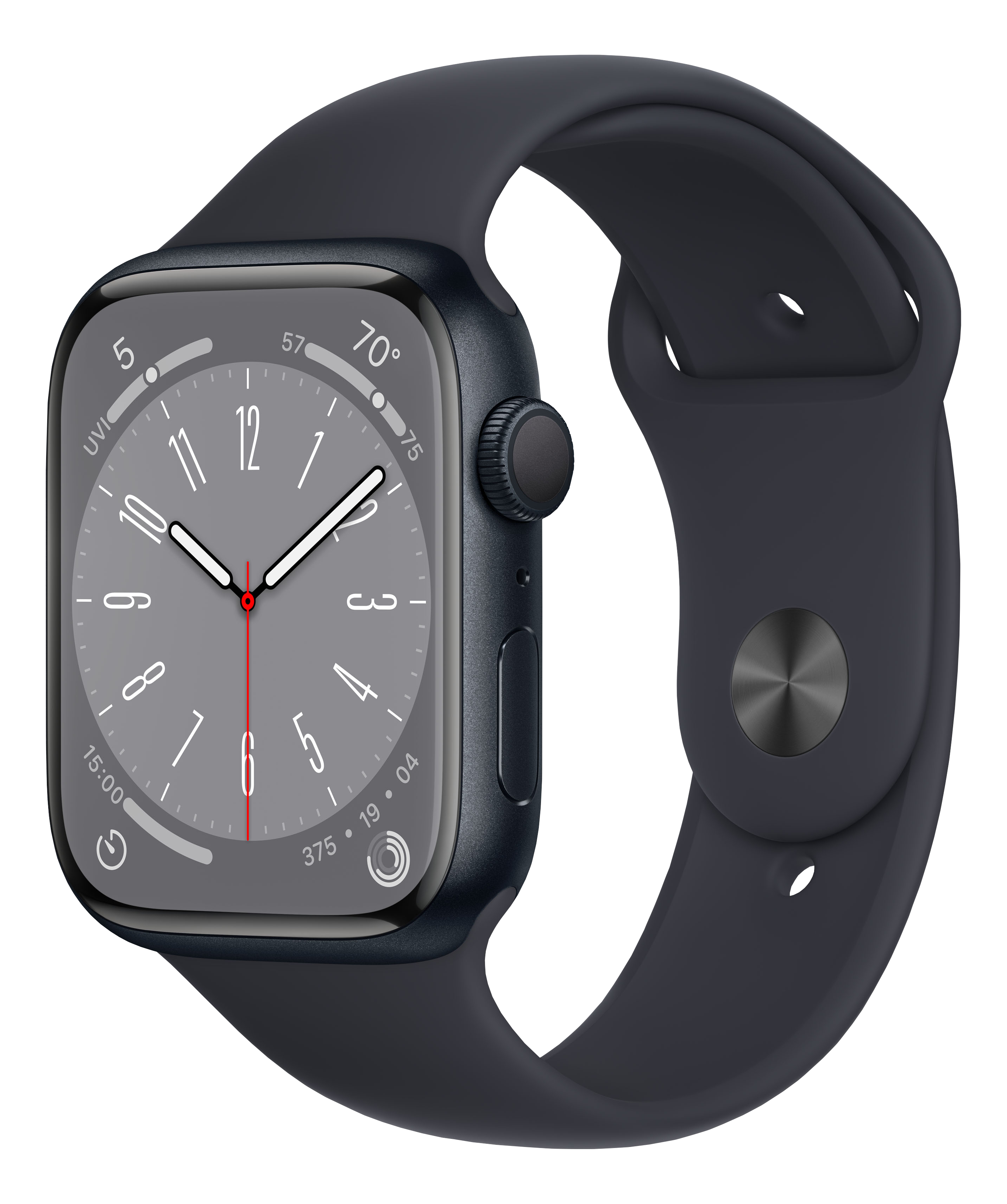 Dunkelblaue Apple Watch mit Armband, das Zifferblatt zeigt die Zeit.