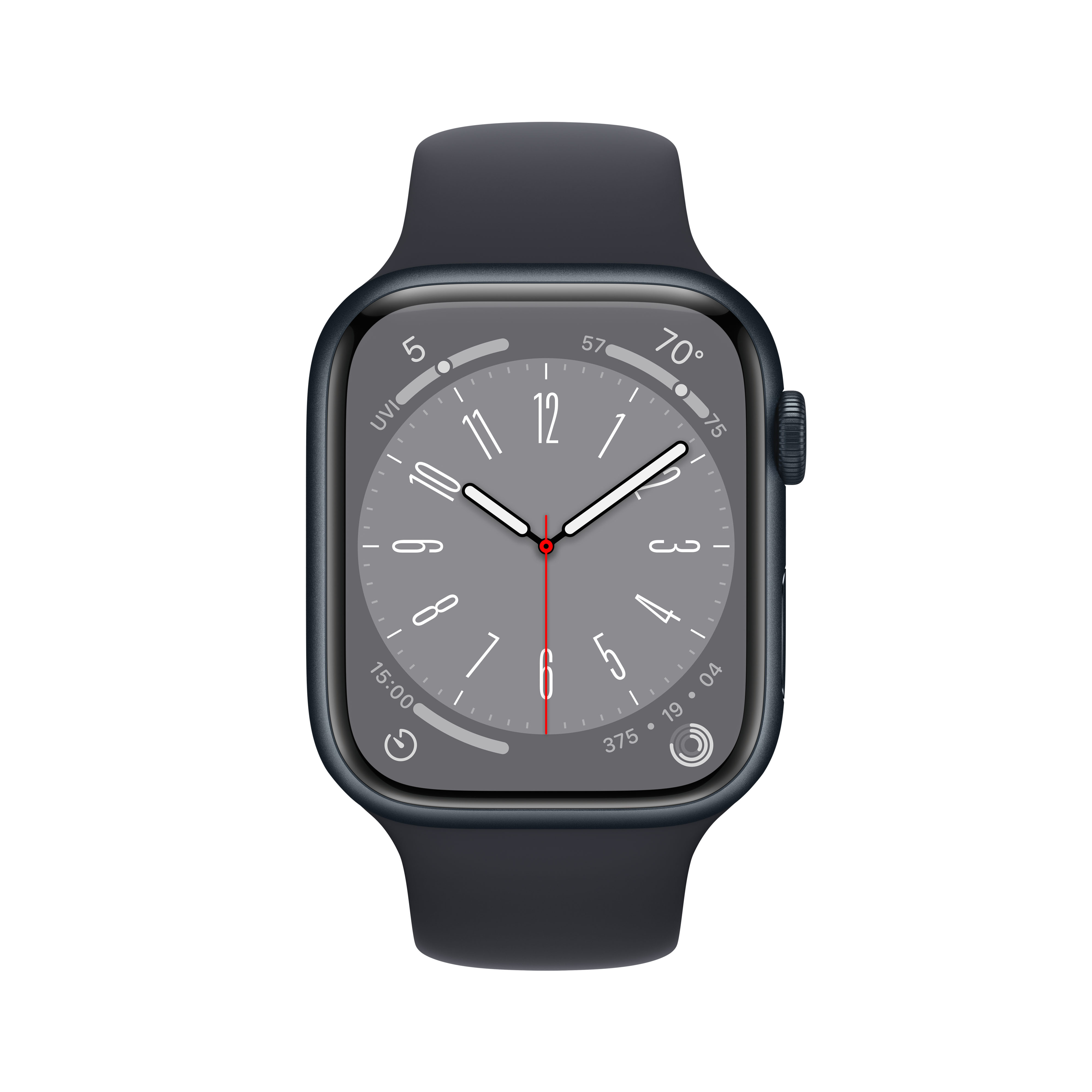 Apple Watch mit dunklem Armband. Das Zifferblatt zeigt Uhrzeit und verschiedene Gesundheitsmetriken.