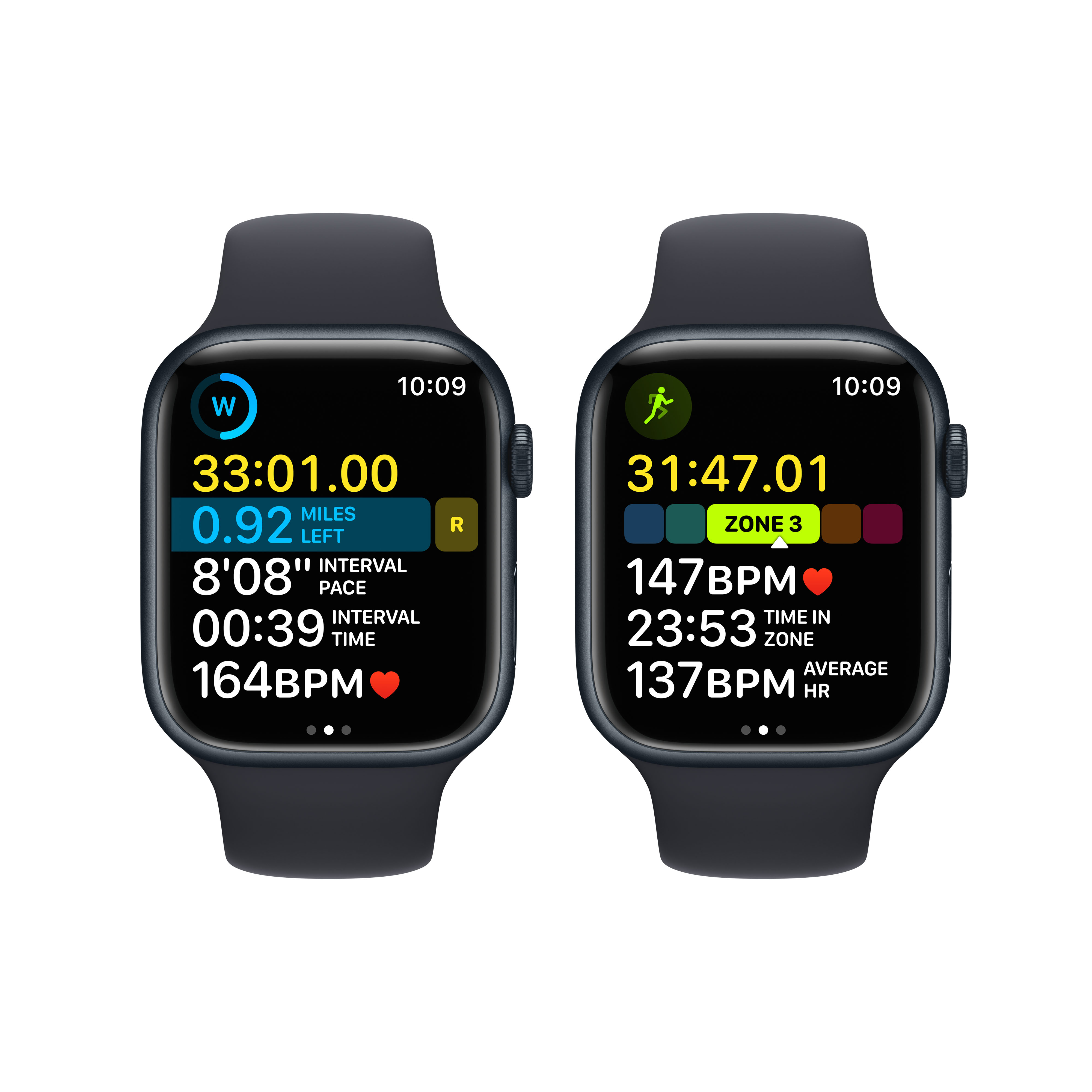 Zwei Apple Watches zeigen verschiedene Trainingsdaten und Herzfrequenzinformationen.