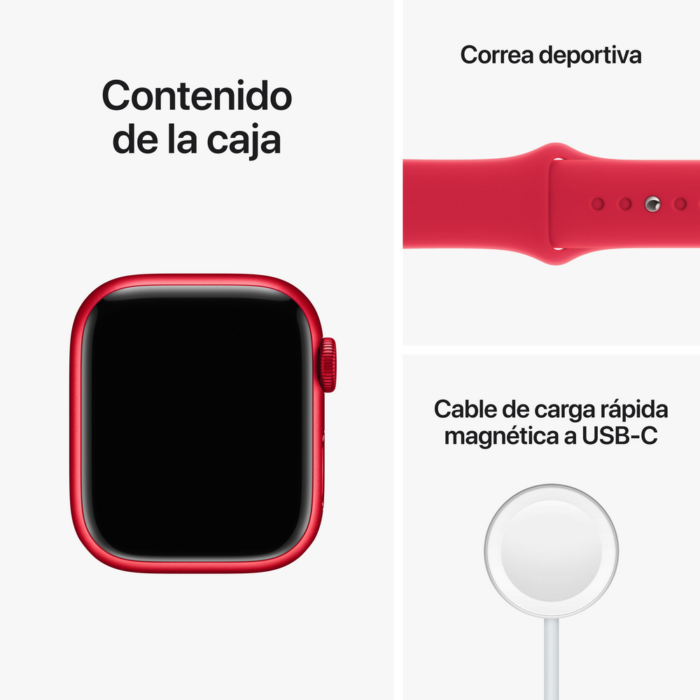 Un Apple Watch rojo, correa deportiva y cable de carga magnético se muestran.