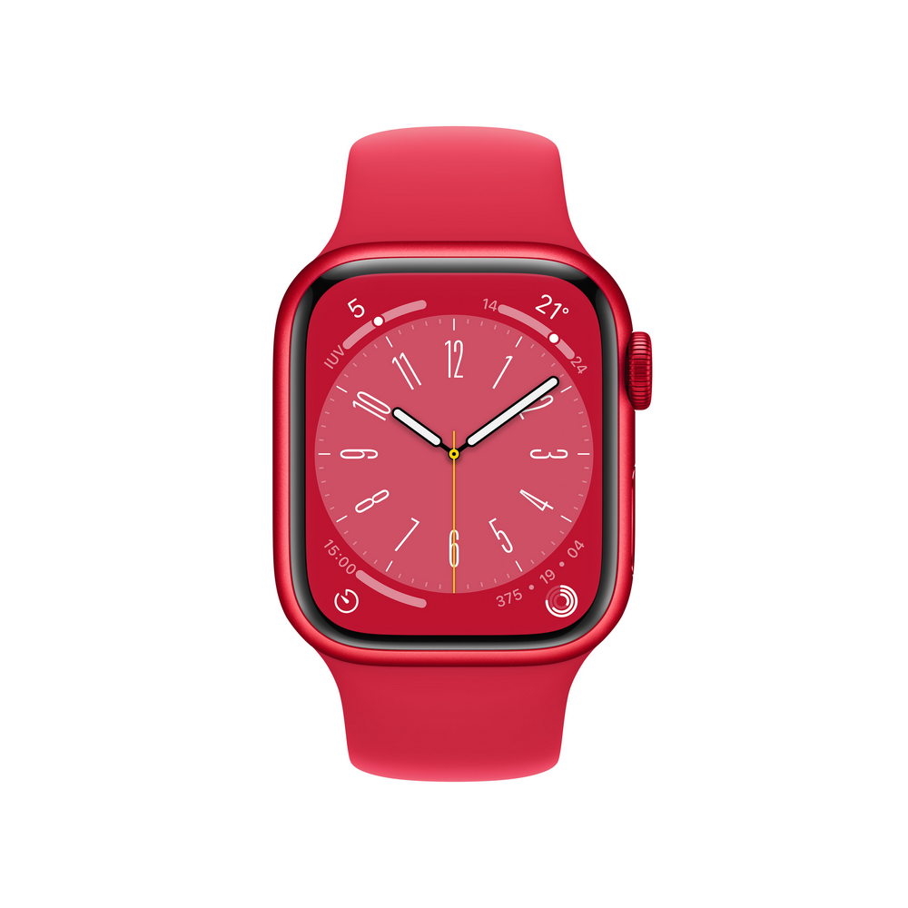 Un Apple Watch rojo con una correa roja, que muestra la hora y otros datos en su pantalla.