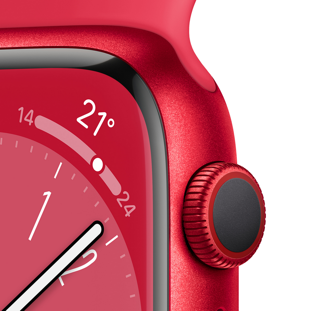 Esfera roja de Apple Watch que muestra la hora, la temperatura y una corona digital. Primer plano.