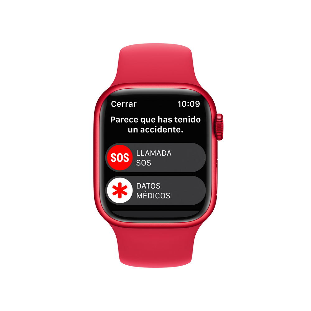 Pantalla del Apple Watch con opciones de llamada SOS. El texto dice 'Parece que has tenido un accidente'.
