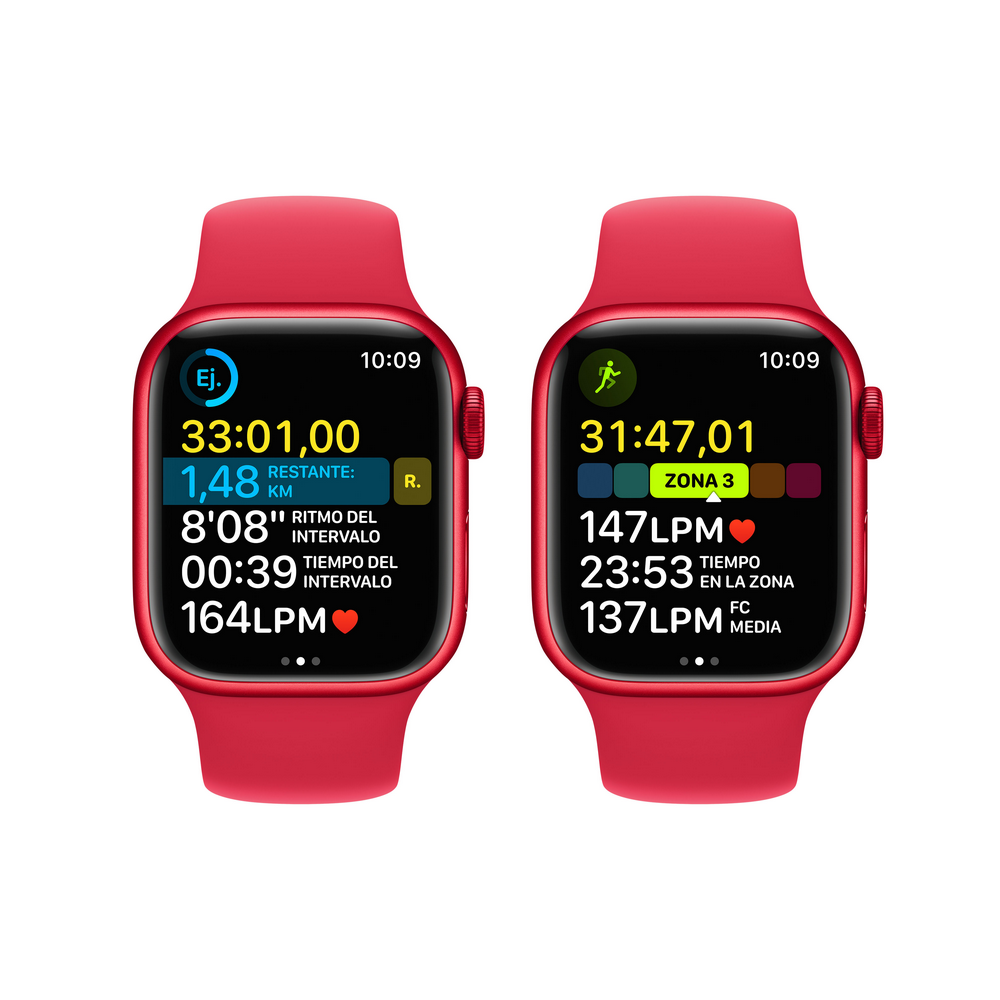 Dos smartwatches rojos con pantallas de datos. Muestran datos de carrera, incluyendo tiempo y ritmo cardíaco.