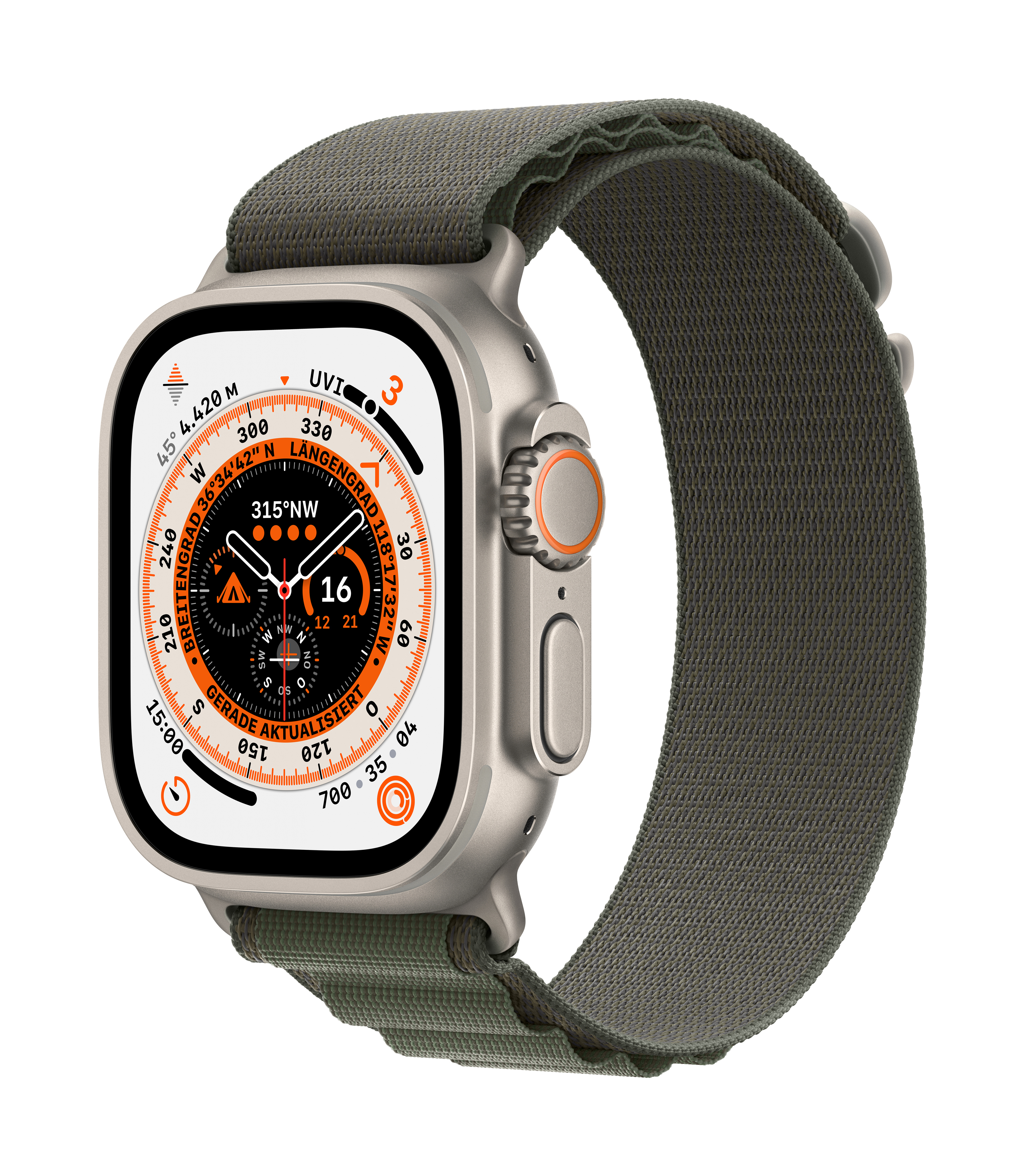 Silberne Apple Watch Ultra mit grünem Armband. Display zeigt Zifferblatt mit orangefarbenen Details.