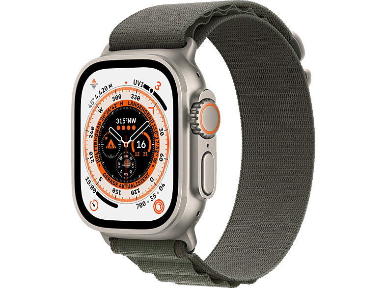 APPLE Watch Ultra (GPS mm Titan Smartwatch Grün, Gewebe, 130-160 Armband: Cellular) Titan 49 + Gehäuse: mm