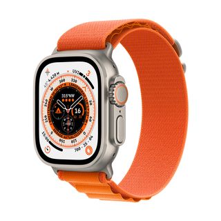 APPLE Watch Ultra (GPS + Cellular) 49 mm Smartwatch Titan Gewebe, 130-160 mm, Armband: Orange, Gehäuse: Titan
