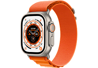 APPLE Watch Ultra (GPS + Cellular) 49 mm - Montre intelligente (Small 130 - 160 mm, Deux couches de matières textiles tissées, Titanium/Orange)