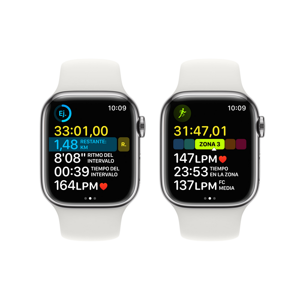 Dos Apple Watch con datos de entrenamiento. Uno muestra tiempo y estadísticas. El otro muestra la frecuencia cardíaca de la zona 3.