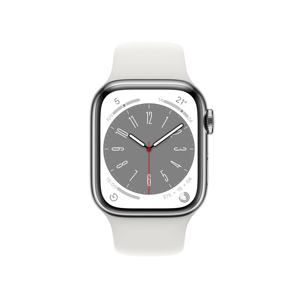 Apple Watch con caja plateada y correa blanca, mostrando la hora y detalles de la esfera.