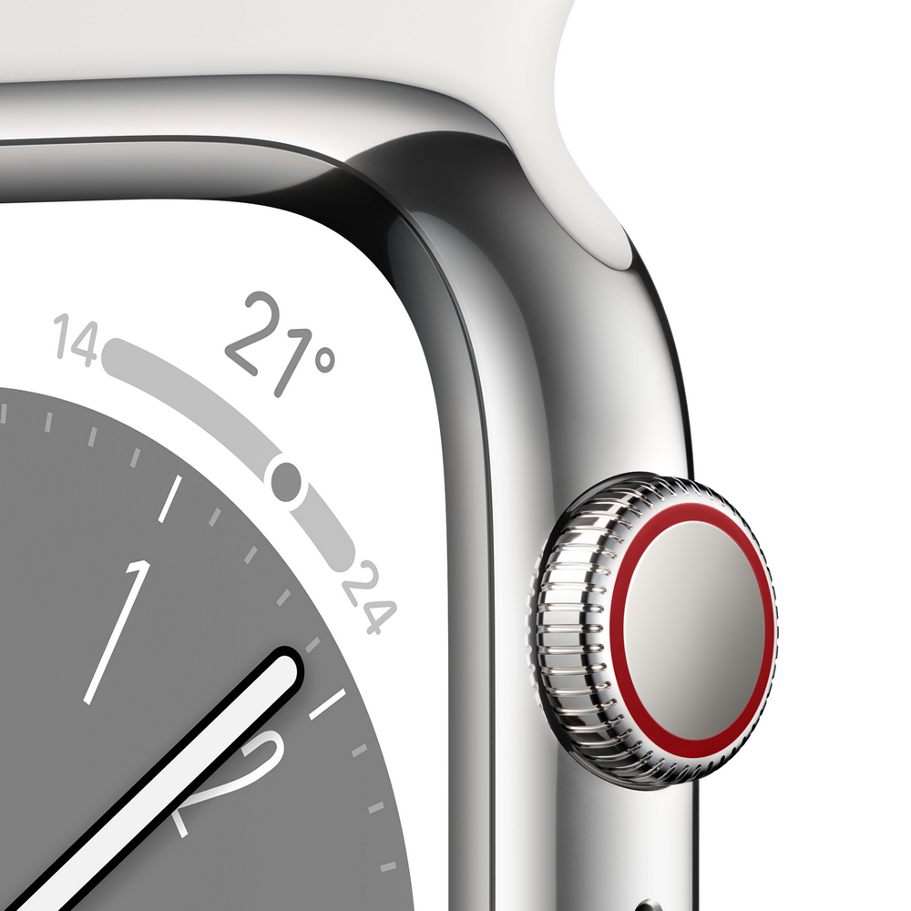 Primer plano de la esfera del Apple Watch con detalle de la corona. Fondo blanco.