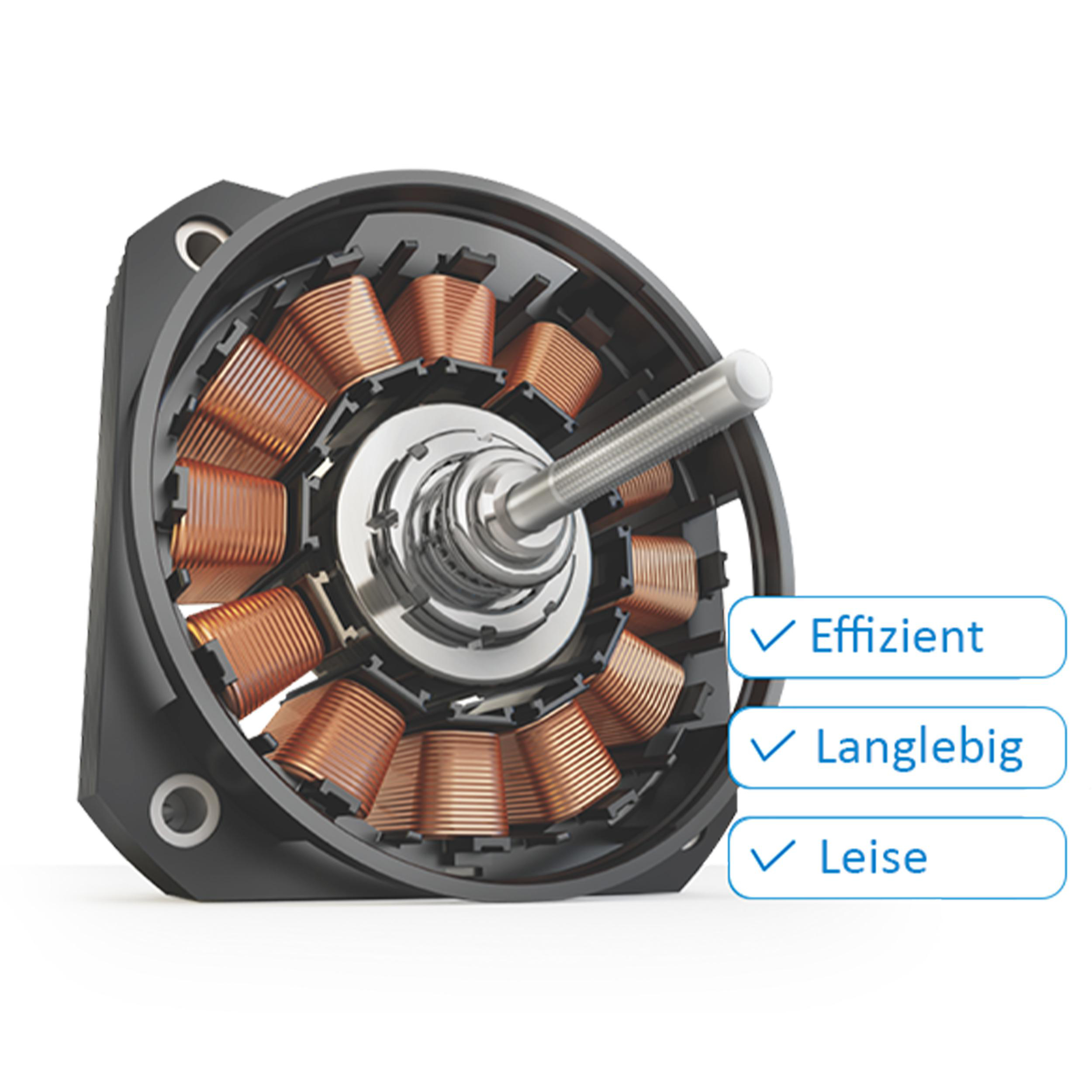 Schnittansicht eines Motors mit Kupferspulen und blauer Text mit Angaben zur Effizienz.