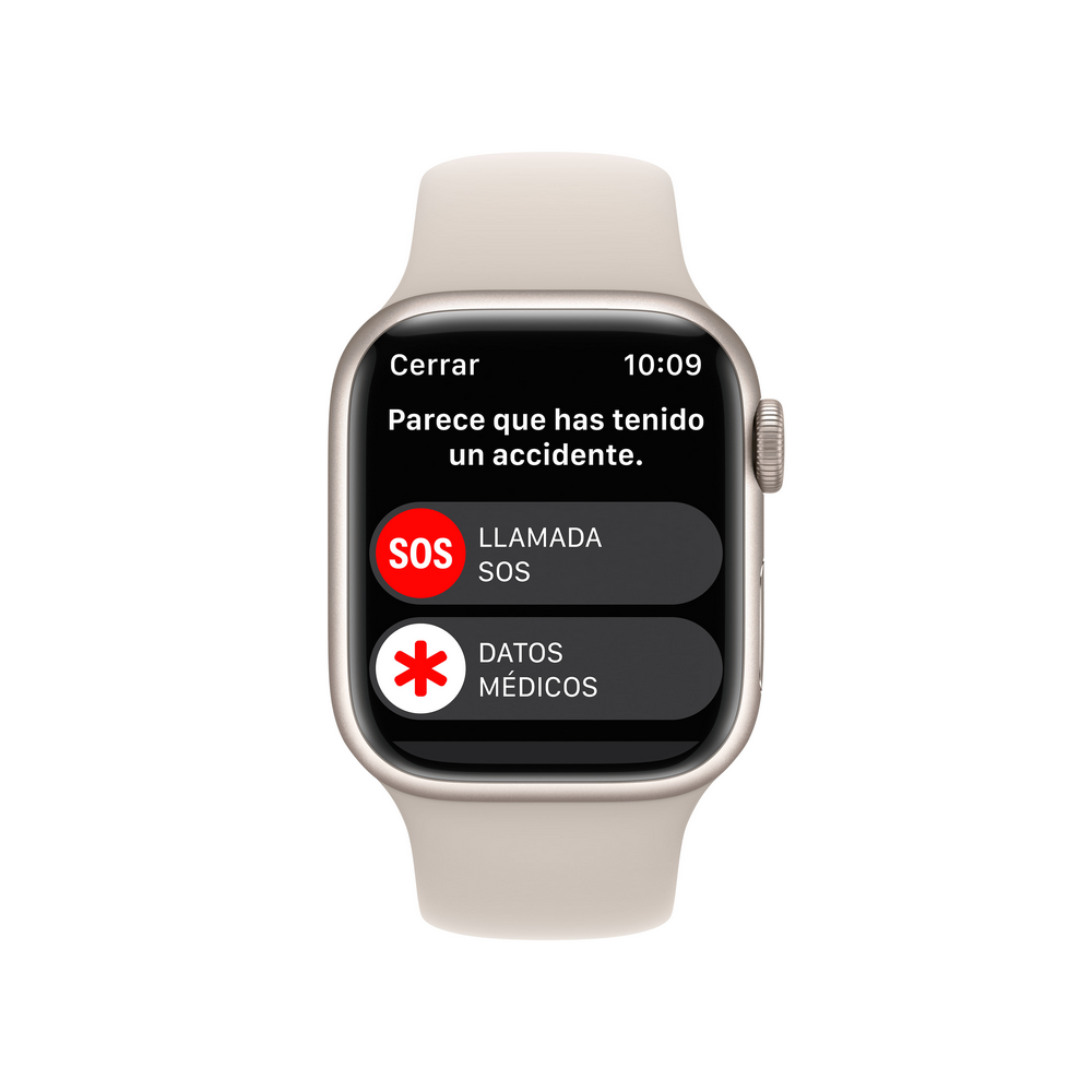 Apple Watch mostrando opciones de llamada SOS y datos médicos. Correa blanca y caja dorada. Fondo blanco.