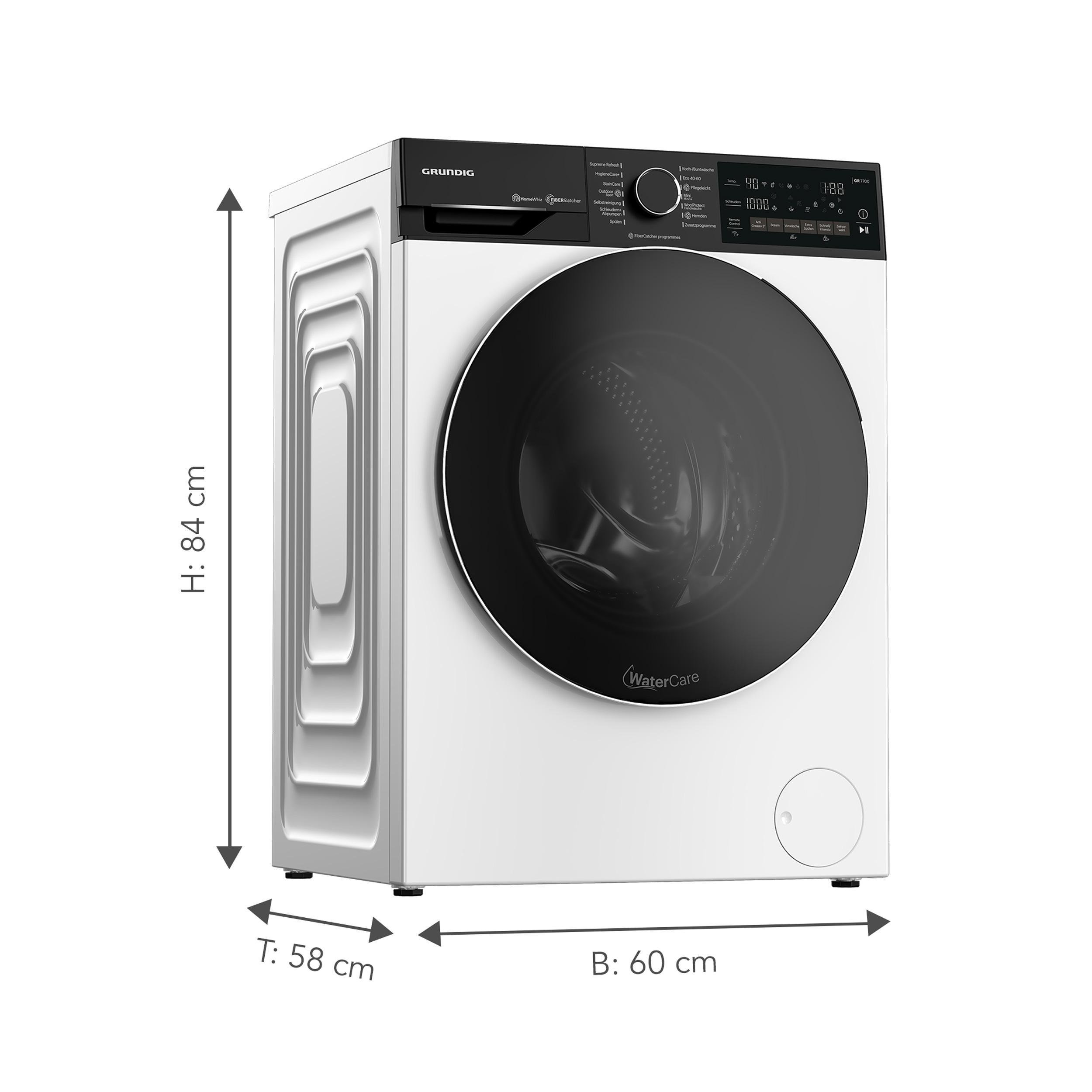 Weiße Grundig Waschmaschine mit den Maßen: 84 cm H, 58 cm T, 60 cm B.