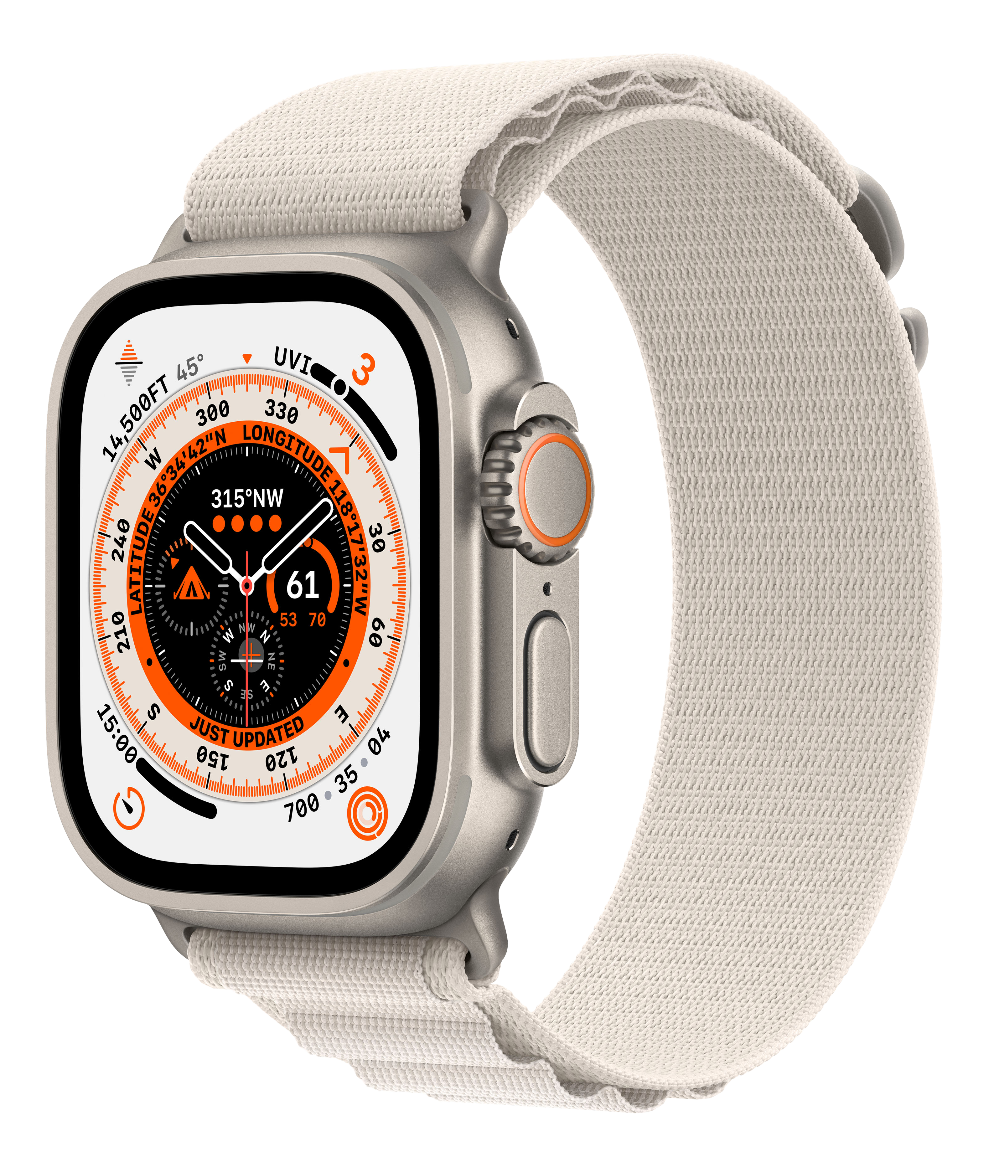 APPLE Watch Ultra (GPS + Cellular) 49 mm - Smartwatch (Small 130 - 160 mm, Zwei Gewebeschichten, Titanium/Starlight)