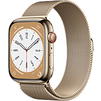 APPLE Watch Series 8 (2022), GPS+CELL, 45 mm,  Caja de acero inoxidable, Vidrio delantero Ion-X, Correa Milanese loop oro