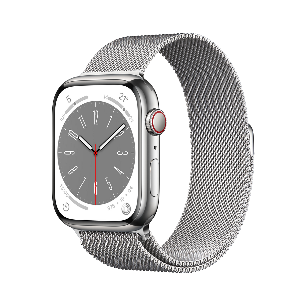 Apple Watch plateado con correa de malla metálica, mostrando hora y fecha. Botón de corona rojo en el lateral. Fondo negro.