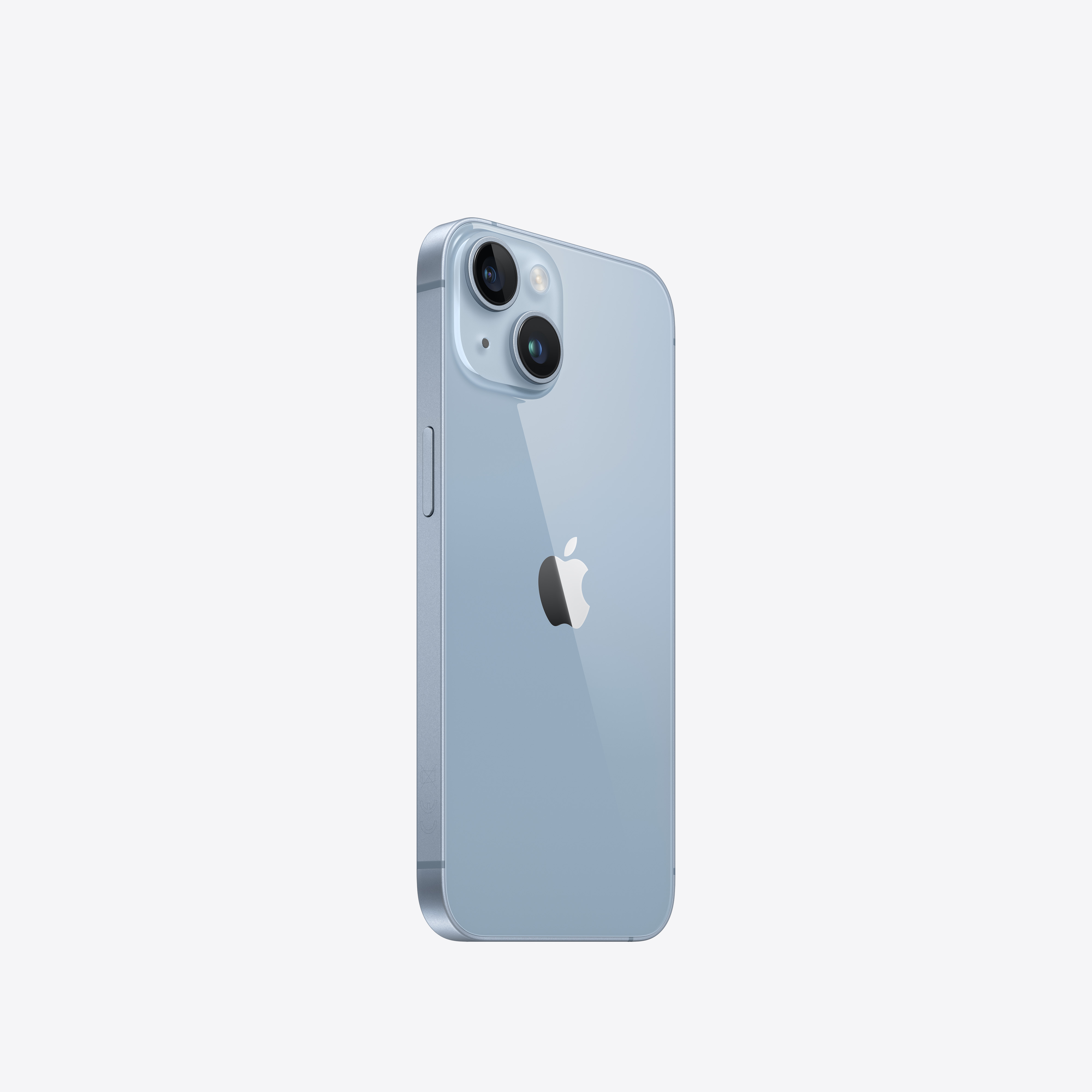 Mavi iPhone. Arka görünüm. Kamera modülü ve Apple logosu görünür. Şık tasarım.