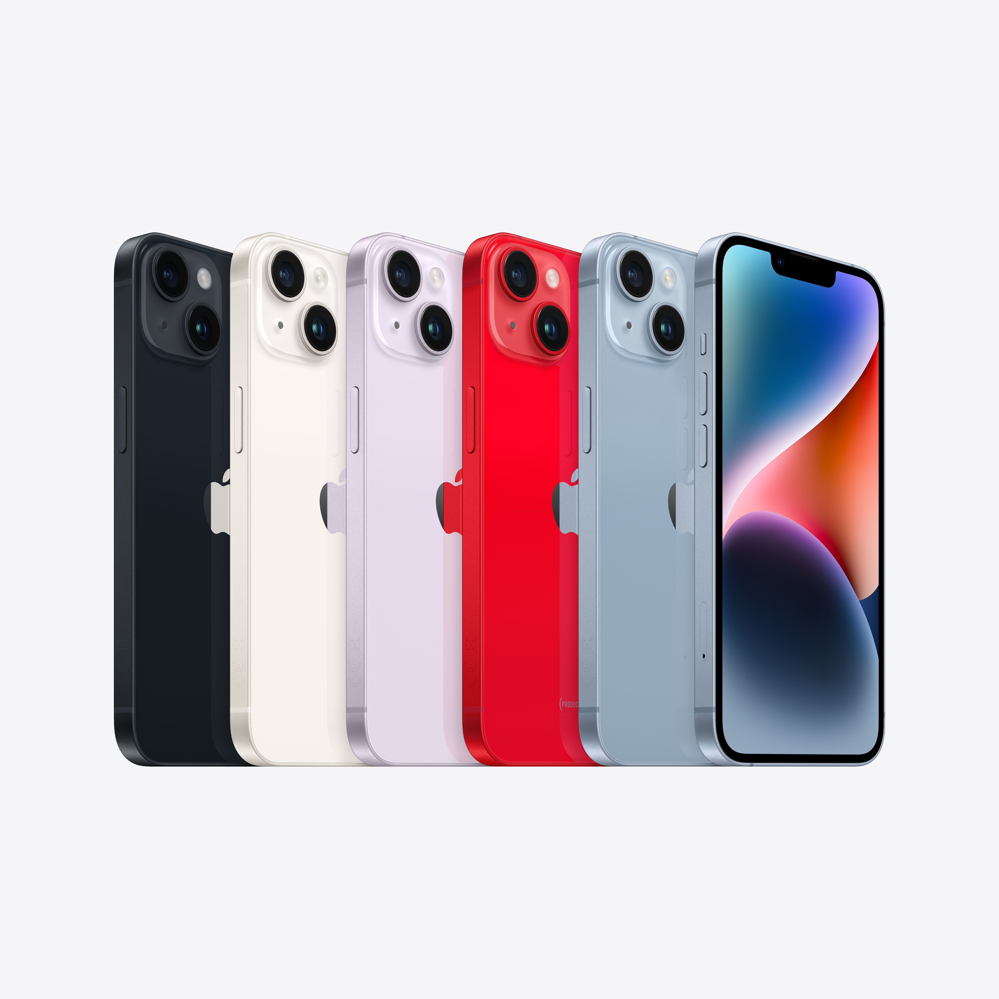 Altı farklı renkte iPhone 14: siyah, beyaz, mor, kırmızı, mavi ve bir ekran.