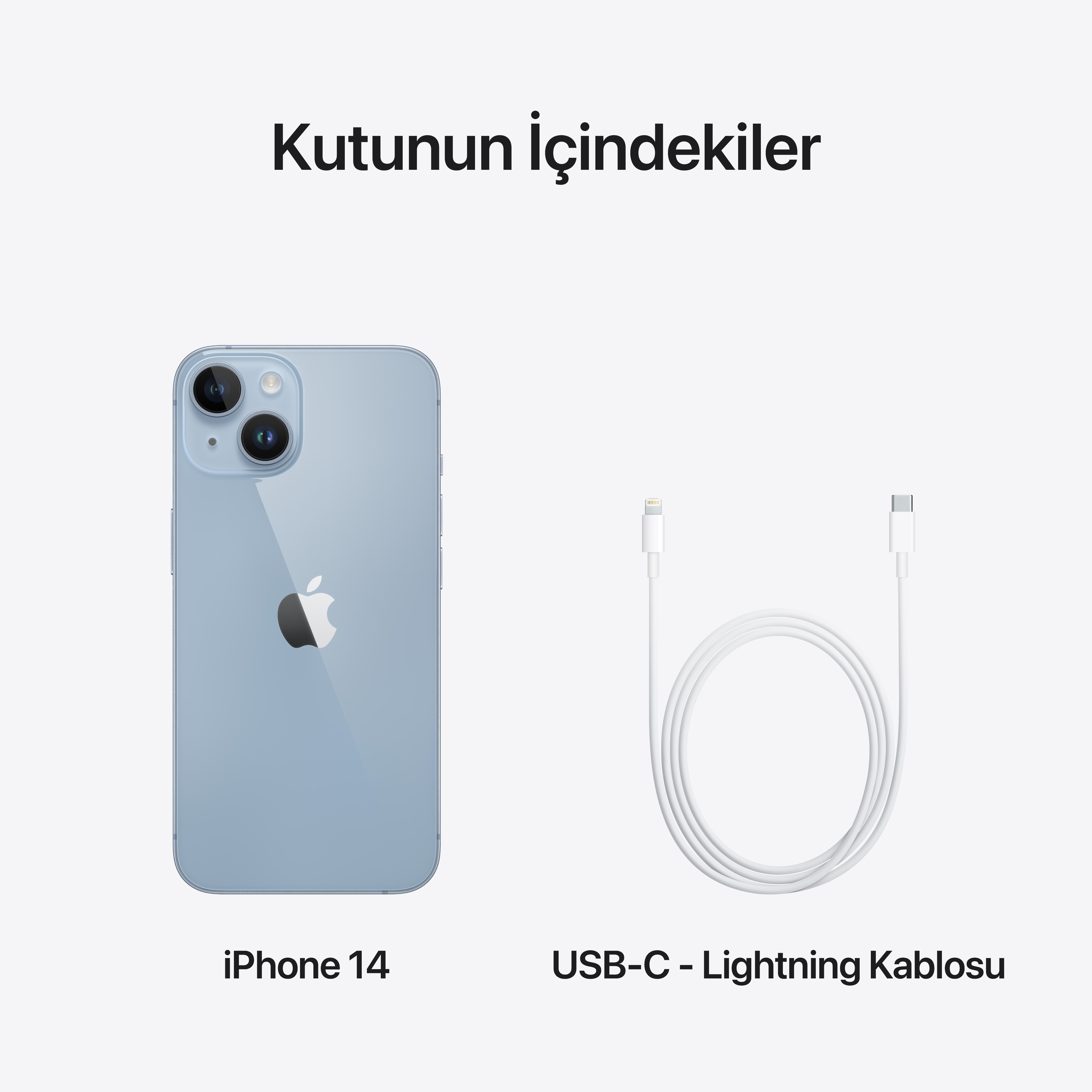 Açık mavi bir kutuda iPhone 14 ve USB-C - Lightning kablosu.