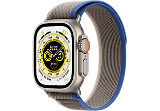 APPLE Watch Ultra (GPS + Cellular) 49 mm - Montre intelligente (S/M 130 - 180 mm, Nylon tissé double épaisseur, Titanium/Blue/Gray)