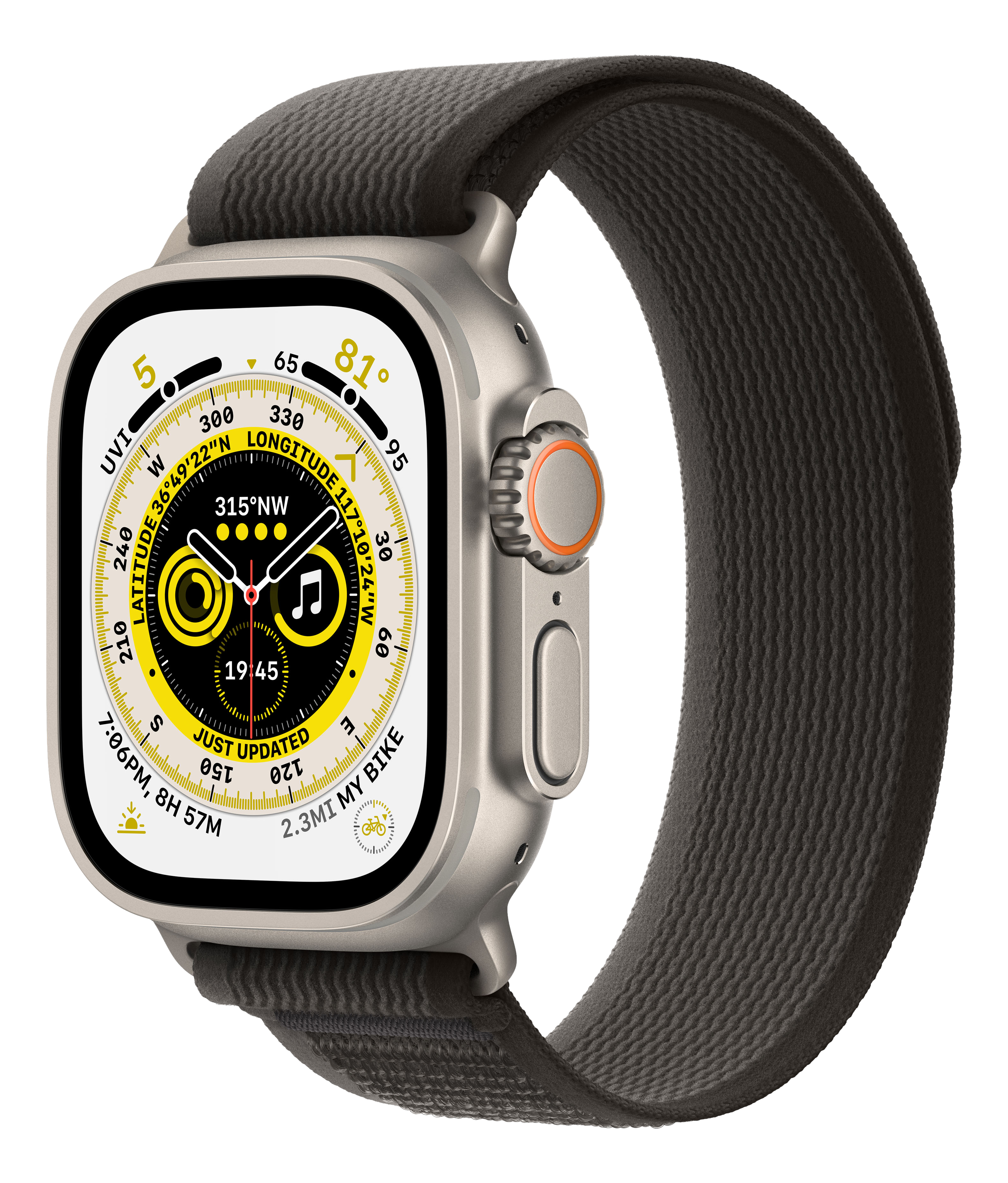 APPLE Watch Ultra (GPS + Cellular) 49 mm - Smartwatch (M/L 145 - 220 mm, Doppellagigen Nylon-Maschengewebe, Titanium/Black/Gray)