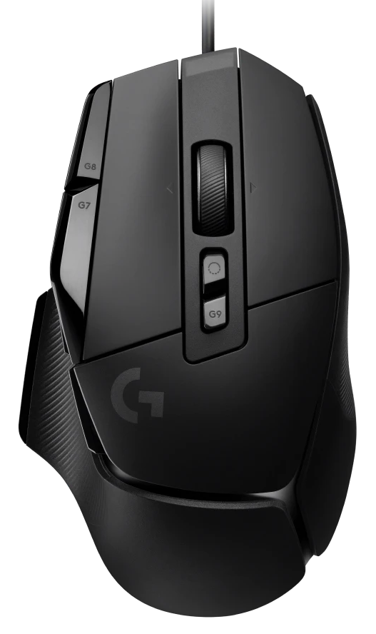Fekete gamer egér gombokkal és görgetőkerékkel. A 'G' logó látható.