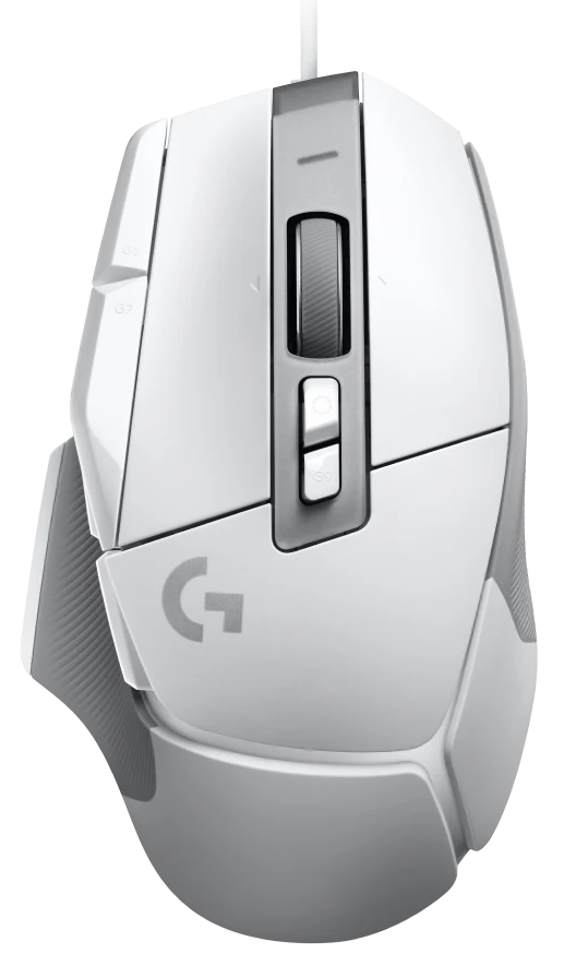 Fehér gaming egér több gombbal és görgetőkerékkel. A Logitech 'G' logójával.