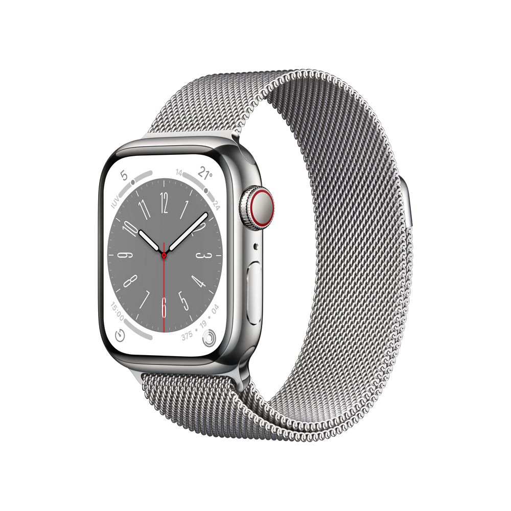 Apple Watch plateado con una correa de malla metálica. La esfera muestra la hora y la fecha.
