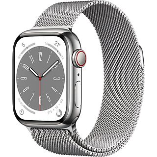 APPLE Watch Series 8 (2022), GPS+CELL, 41 mm,  Caja de acero inoxidable, Vidrio delantero Ion-X, Correa Milanese loop plata