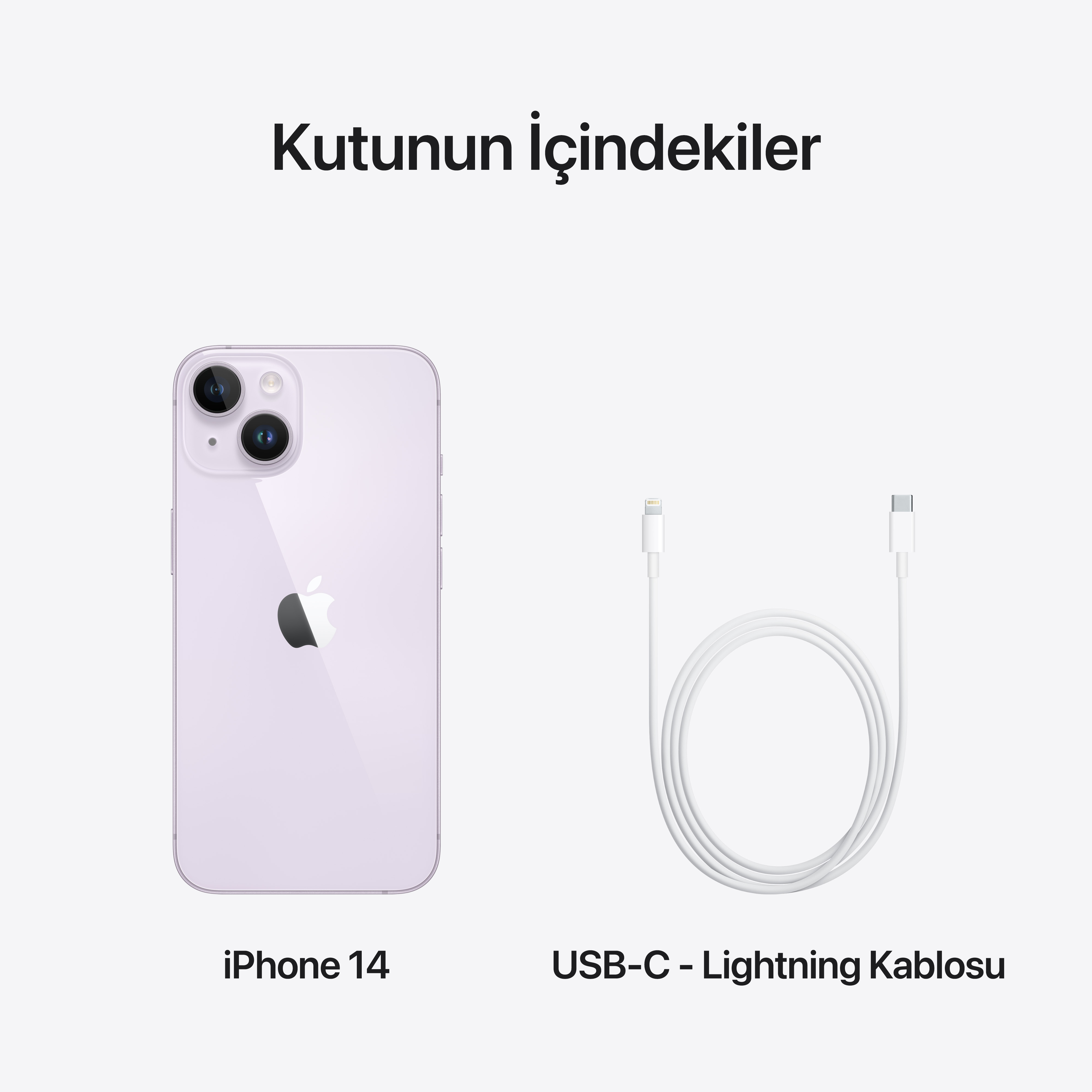 iPhone 14 ve USB-C - Lightning kablosu. Telefon mor. Beyaz bir yüzeyde sergilenen öğeler.