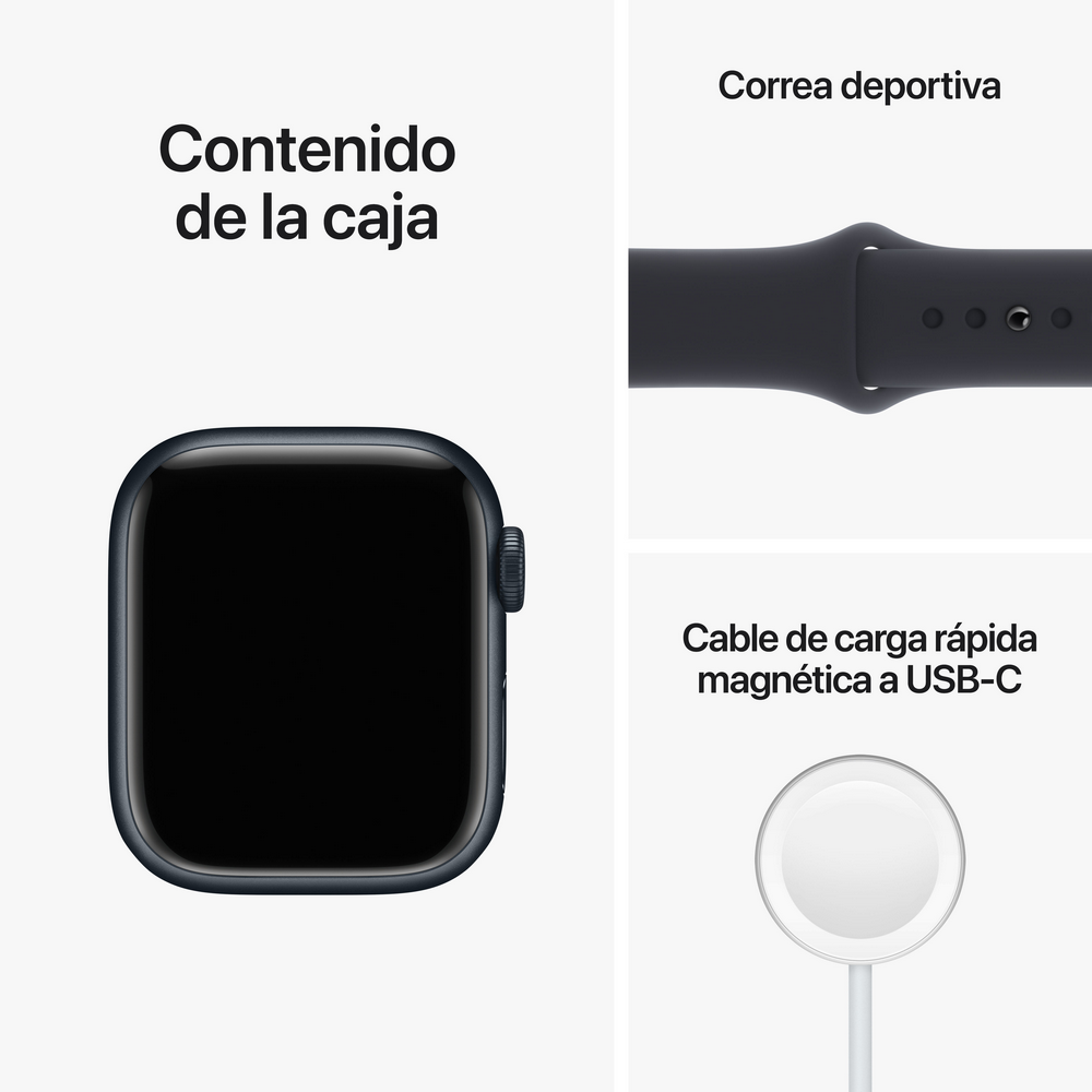 Un Apple Watch con correa y cargador sobre fondo blanco.