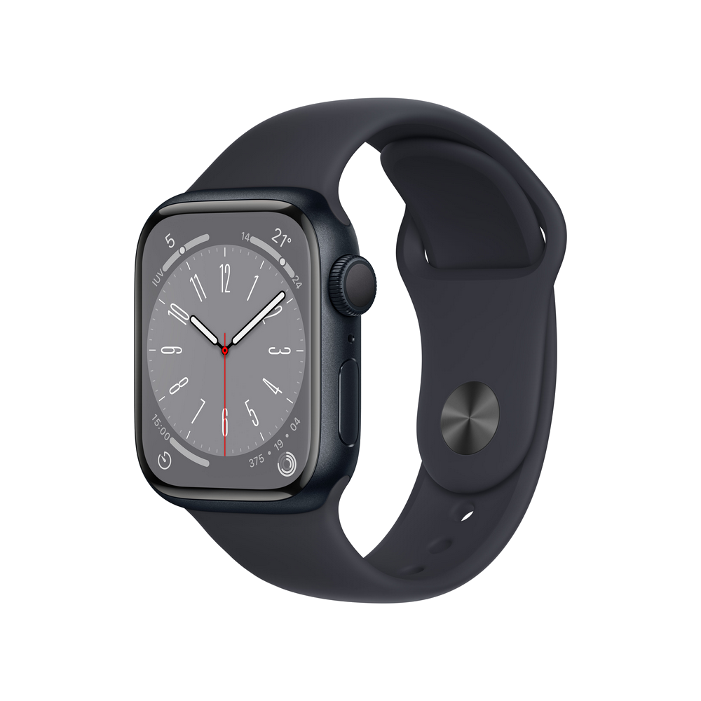 Apple Watch azul oscuro con correa negra.