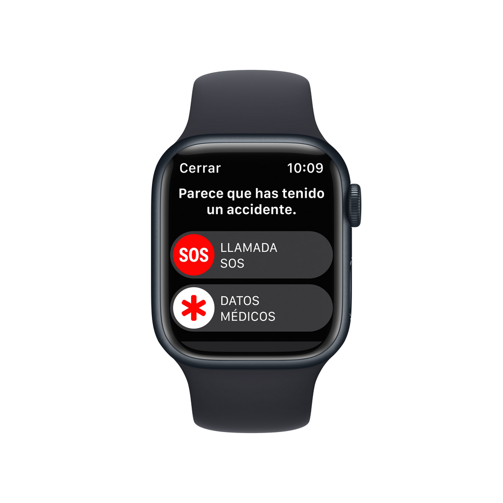 Pantalla Apple Watch mostrando alerta de accidente con SOS e info médica.