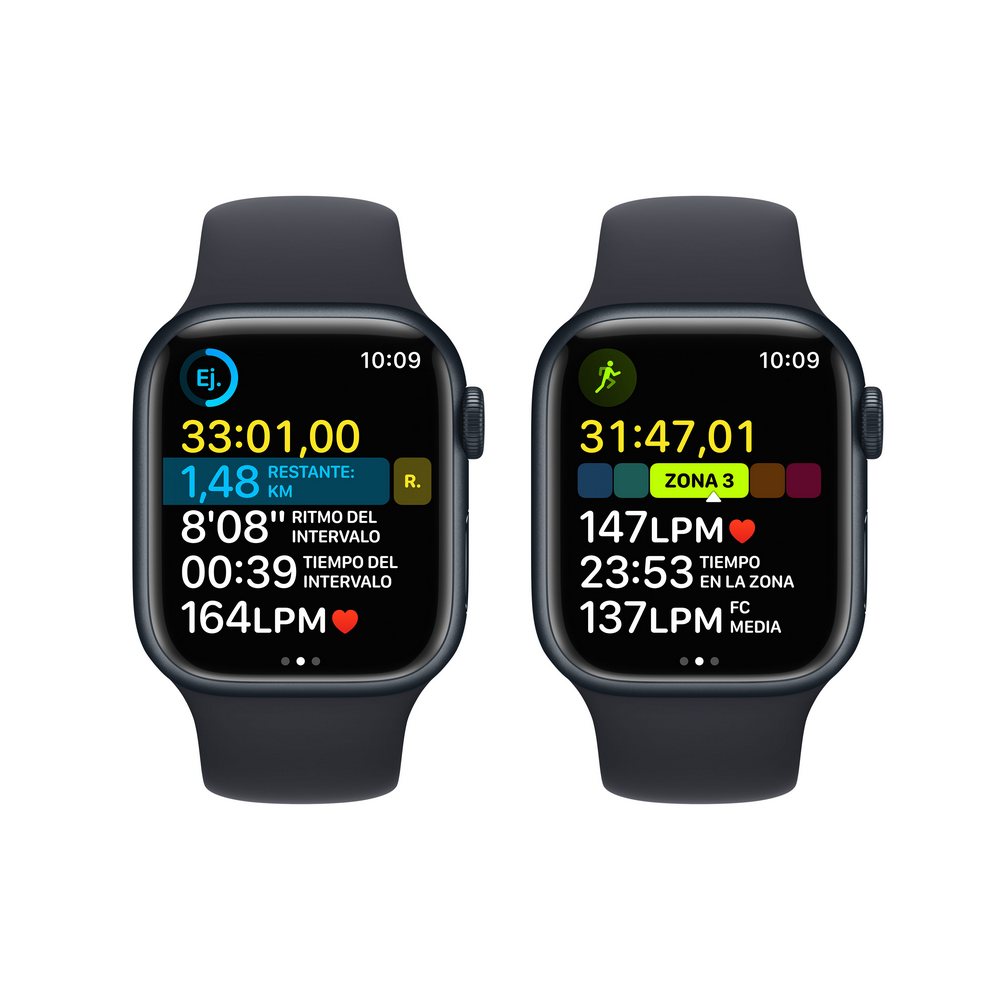 Dos Apple Watches uno al lado del otro, mostrando datos de ejercicio en sus pantallas sobre un fondo blanco.
