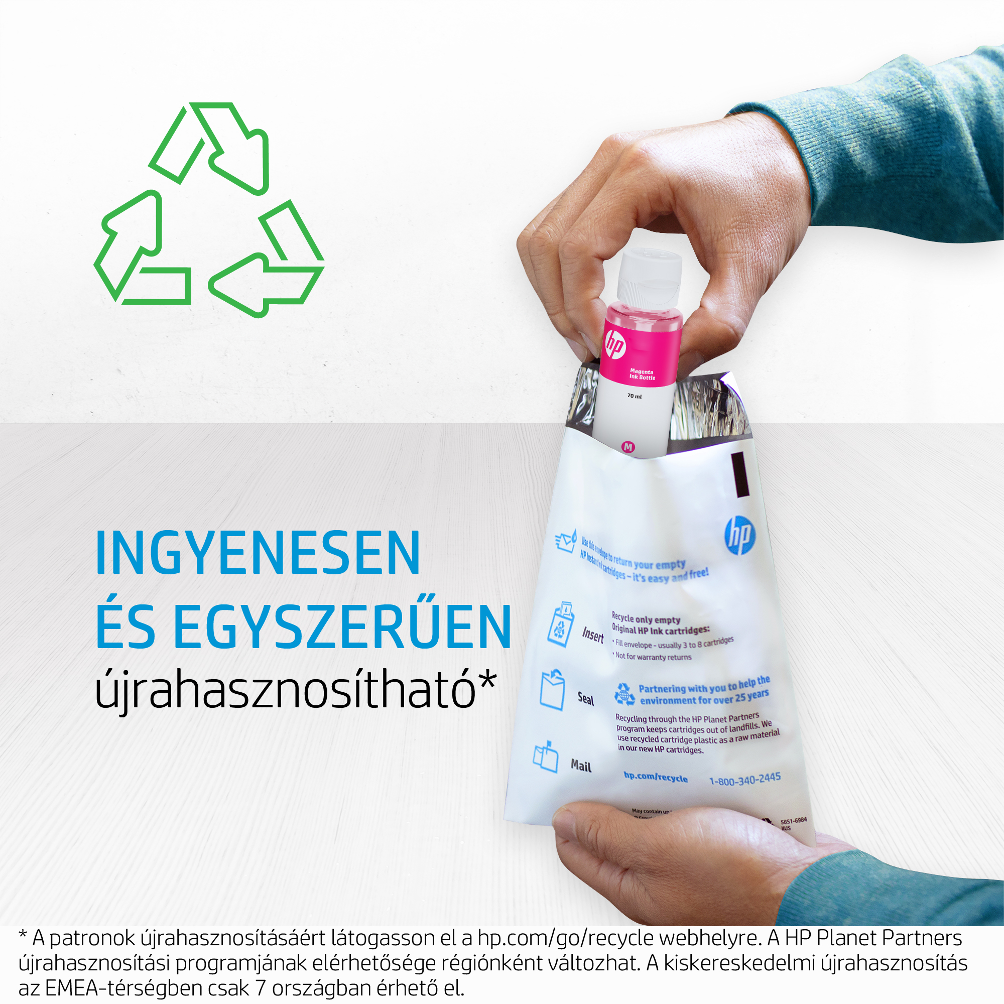 Kéz fehér táskát tart rózsaszín tintás üveggel, újrahasznosítási szimbólumokkal és szöveggel fehér háttéren.