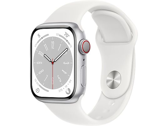 APPLE Watch Series 8 (GPS + Cellular) 41 mm - Smartwatch (Regular 130 - 200 mm, Fluorelastomer, Silver Aluminum/White)