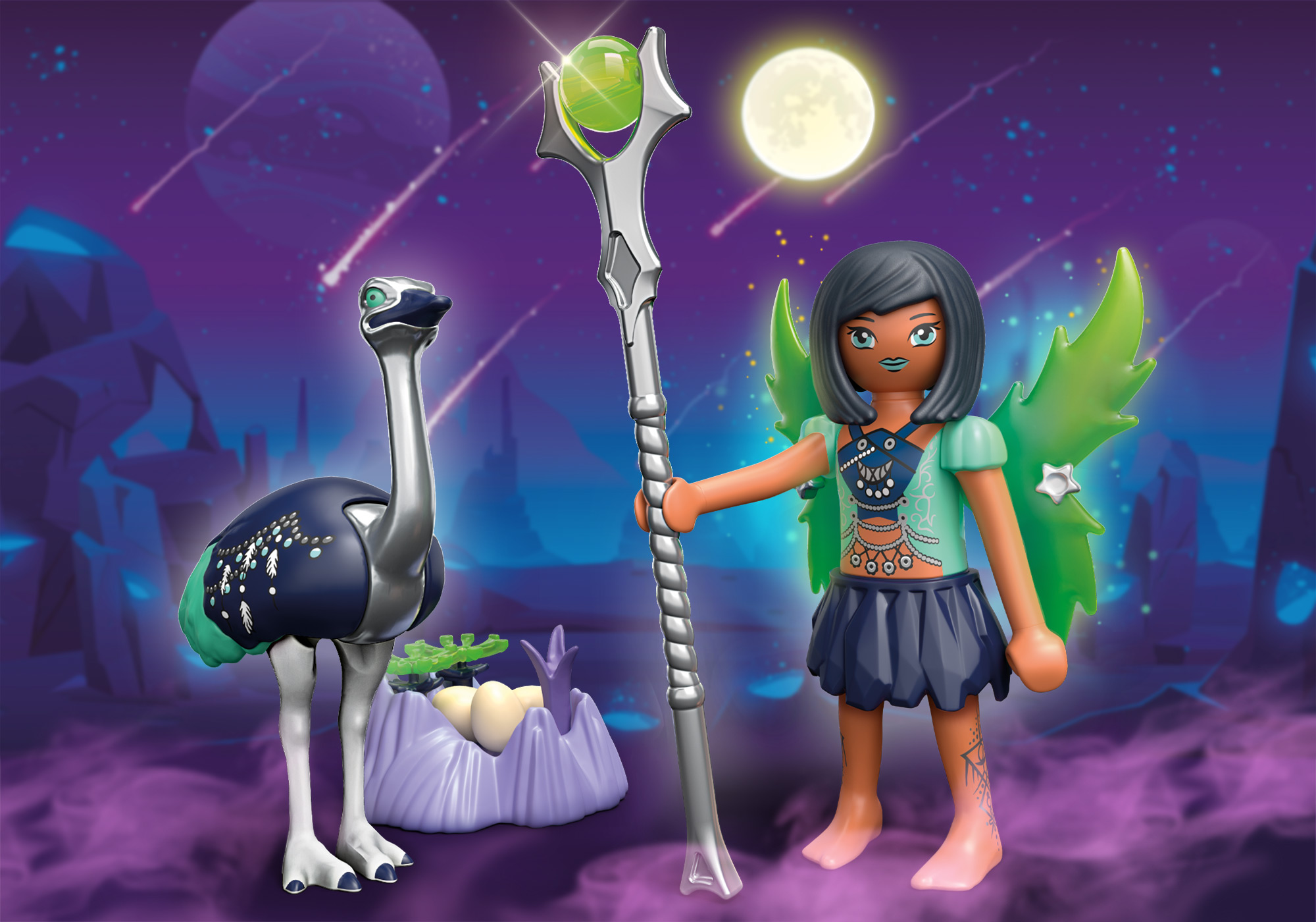 Playmobil-Szene mit Fee, straußenartigem Wesen, Stab und Weltraum-Hintergrund.