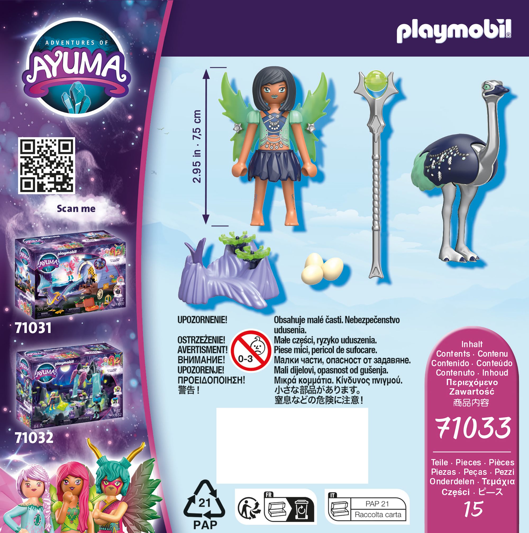 Eine Playmobil-Box mit Ayuma-Figuren und Zubehör. Einschließlich eines Straußes.