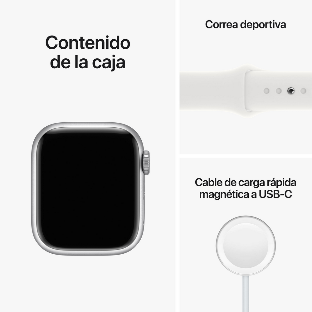 Apple Watch, correa deportiva y cable de carga, todo blanco, sobre fondo blanco.