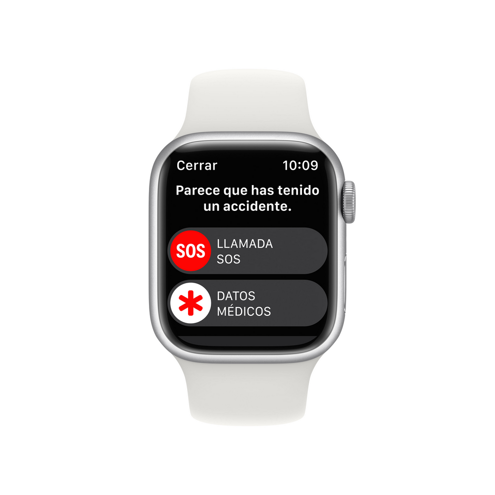 Apple Watch con pantalla SOS, que indica un accidente con opciones de llamada SOS y datos médicos.